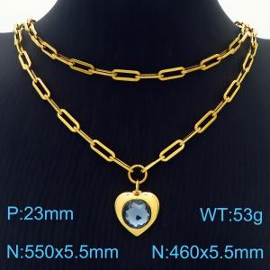 Double Layers Stainless Steel Necklace Link Chain With Light Blue Zircon Heart  Pendant Gold Color - KN281779-Z