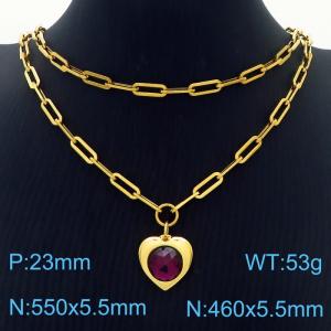 Double Layers Stainless Steel Necklace Link Chain With Purple Zircon Heart  Pendant Gold Color - KN281780-Z