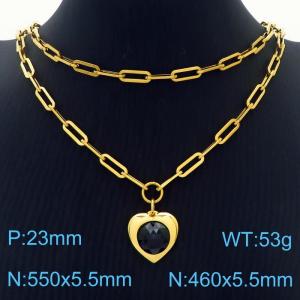 Double Layers Stainless Steel Necklace Link Chain With Black Zircon Heart  Pendant Gold Color - KN281781-Z