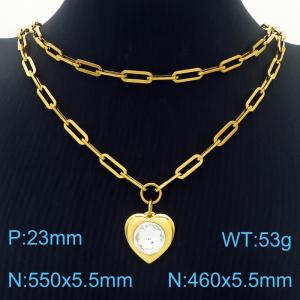 Double Layers Stainless Steel Necklace Link Chain With White Zircon Heart  Pendant Gold Color - KN281782-Z