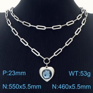 Double Layers Stainless Steel Necklace Link Chain With Light Blue Zircon Heart  Pendant Silver Color - KN281783-Z