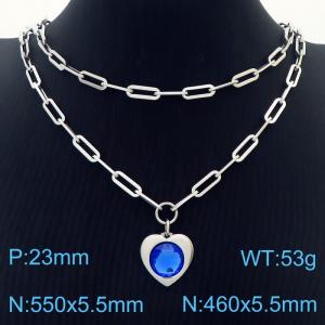 Double Layers Stainless Steel Necklace Link Chain With Blue Zircon Heart  Pendant Silver Color - KN281784-Z