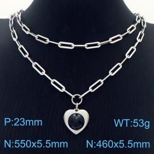 Double Layers Stainless Steel Necklace Link Chain With Black Zircon Heart  Pendant Silver Color - KN281786-Z
