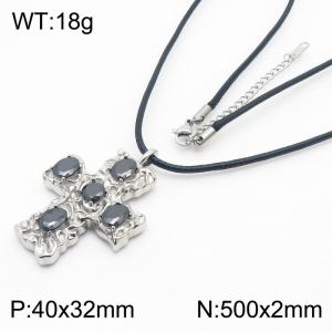 Stainless Steel Wax Cord Hammer Pattern Cross Set with Zircon Necklace - KN281874-WGJD