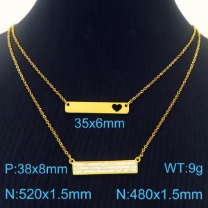 Two piece set of gold stainless steel necklace with rectangular long pendant and hollow heart shaped long pendant - KN282030-Z