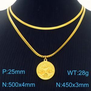 Tree of Life Pendant Double layered Gold Stainless Steel Necklace - KN282035-Z