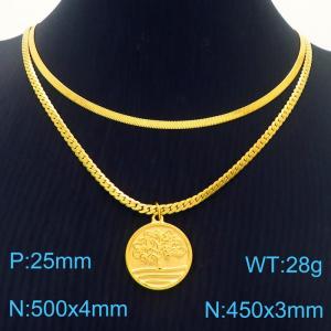 Tree of Life Pendant Double layered Gold Stainless Steel Necklace - KN282037-Z