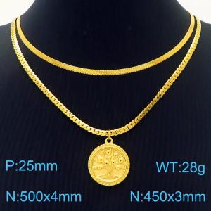 Tree of Life Pendant Double layered Gold Stainless Steel Necklace - KN282039-Z