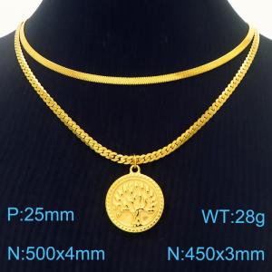 Tree of Life Pendant Double layered Gold Stainless Steel Necklace - KN282041-Z