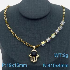 410mm Women Stainless Steel Chain Neckalce with Black Gem Fatima Hand Pendant - KN282768-SP