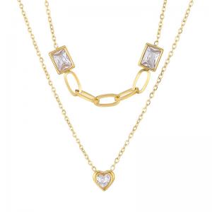 Fashionable and personalized stainless steel double-layer mixed chain with white glass heart-shaped white glass square charm gold necklace - KN282938-SP