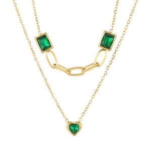 Fashionable and personalized stainless steel double-layer mixed chain with green glass heart-shaped green glass square charm gold necklace - KN282939-SP