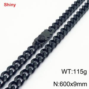 600X9mm Black-Plated Stainless Steel Decor Clasp Cuban Necklace - KN284369-Z