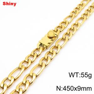 9mm 45cm minimalist polished plain chain toothed stainless steel square buckle 3:1 Figaro necklace - KN284844-Z