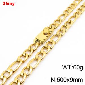 9mm 50cm minimalist polished plain chain toothed stainless steel square buckle 3:1 Figaro necklace - KN284845-Z
