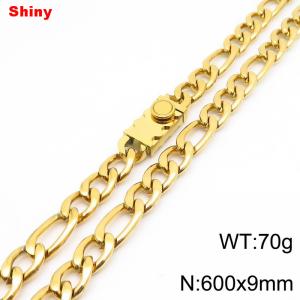 9mm 60cm minimalist polished plain chain toothed stainless steel square buckle 3:1 Figaro necklace - KN284847-Z
