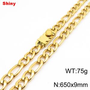 9mm 65cm minimalist polished plain chain toothed stainless steel square buckle 3:1 Figaro necklace - KN284848-Z