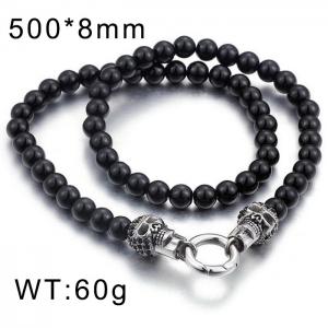 Men's Steel Skull Zircon Black Onyx Bead Necklace - KN28516-BD