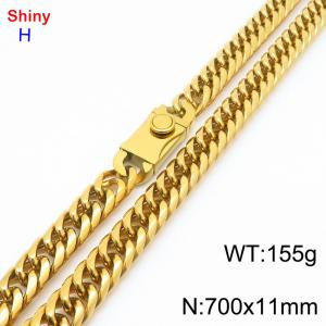 700mm 11mm Stainless Steel Necklace Cuban Chain Safety Buckle Gold Color - KN285257-Z
