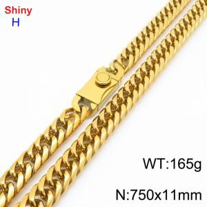 750mm 11mm Stainless Steel Necklace Cuban Chain Safety Buckle Gold Color - KN285258-Z