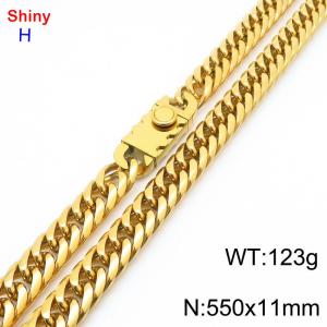 550mm 11mm Stainless Steel Necklace Cuban Chain Safety Buckle Gold Color - KN285275-Z