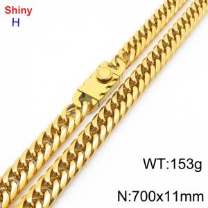 700mm 11mm Stainless Steel Necklace Cuban Chain Safety Buckle Gold Color - KN285278-Z