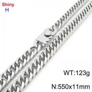 550mm 11mm Stainless Steel Necklace Cuban Chain Safety Buckle Silver Color - KN285282-Z