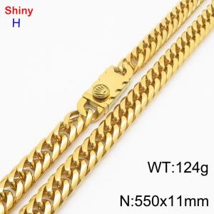 550mm 11mm Stainless Steel Necklace Cuban Chain Safety Buckle Gold Color - KN285317-Z