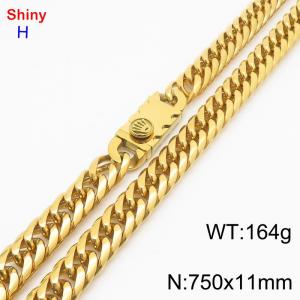 750mm 11mm Stainless Steel Necklace Cuban Chain Safety Buckle Gold Color - KN285321-Z