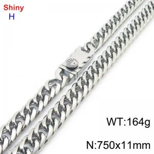 750mm 11mm Stainless Steel Necklace Cuban Chain Safety Buckle Silver Color - KN285328-Z