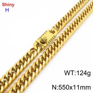550mm 11mm Stainless Steel Necklace Cuban Chain Safety Buckle Gold Color - KN285338-Z