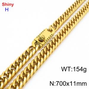 700mm 11mm Stainless Steel Necklace Cuban Chain Safety Buckle Gold Color - KN285341-Z