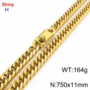 750mm 11mm Stainless Steel Necklace Cuban Chain Safety Buckle Gold Color - KN285342-Z