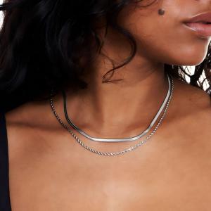Stainless steel double layer Fried Dough Twists chain - flat snake chain necklace - KN287146-Z