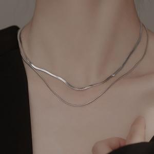 Double Stainless Steel Snake Chain Necklace Neutral Silver - KN288175-Z