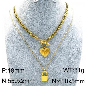 Fashionable and personalized OT buckle double layered necklace with peach heart and lock pendant - KN288679-Z