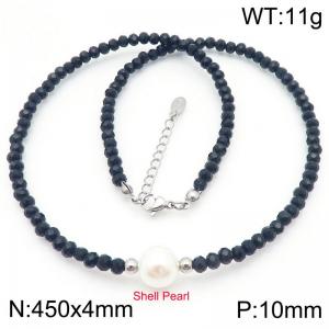 Black Beaded Chain Shell Pearl Necklace for Women Stainless Steel Jewelry - KN288817-Z