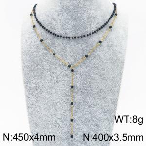 Black Beads Chain Tassel Necklace for Women Stainless Steel Double Layered Jewelry - KN288927-Z