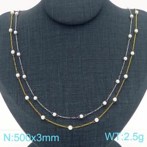 Round Pearl Beads Stainless Steel Necklace for Women Double Chain Trendy Jewelry - KN288952-Z