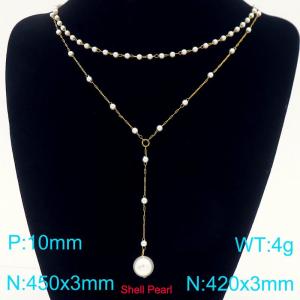 Round Beads Stainless Steel Necklace for Women Shell Pearl Charm Double Chain Trendy Jewelry - KN289075-Z