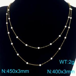 Round Pearl Beads Stainless Steel Necklace for Women Double Chain Trendy Jewelry - KN289078-Z