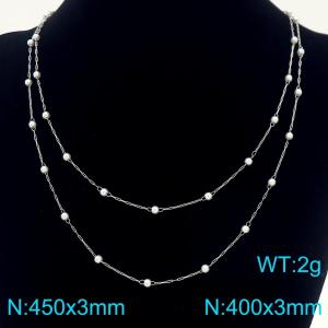 Round Pearl Beads Stainless Steel Necklace for Women Double Chain Trendy Jewelry - KN289079-Z