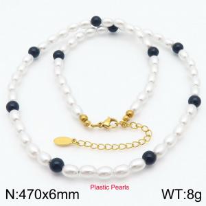 Plastic Pearls with Black Round Beads Stainless Steel Women's Necklace Gold Color Jewelry - KN289131-Z