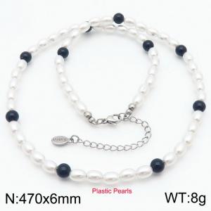 Plastic Pearls with Black Round Beads Stainless Steel Women's Necklace - KN289132-Z