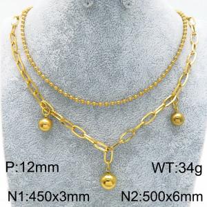 Double Chain Roud Beads Charm Necklace for Women Gold Color Stainless Steel Jewelry - KN289333-Z