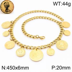 Queen Portrait Round Tag Charm Necklace for Women Gold Color Stainless Steel Trendy Jewelry - KN289358-Z