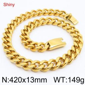 Minimally polished stainless steel 13mm smooth surface buckle with four sided polished Cuban chain 42cm necklace - KN289412-Z