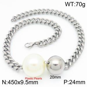 Stainless Steel Plastic Pearls  Necklace Link Chain Silver Color - KN289638-Z