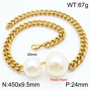 Stainless Steel Plastic Pearls  Necklace Link Chain Gold Color - KN289639-Z