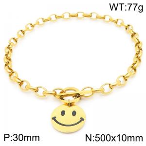 Stainless steel polished OT buckle oval pearl chain paired with smiley face emoji pendant - KN291437-Z